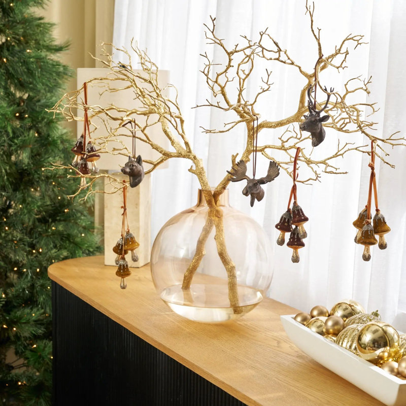 Faux Gold Sparkle Manzanita Branches in Amber Tone Ball Vase Extra Large Holiday Centerpiece Water Illusion Arrangement