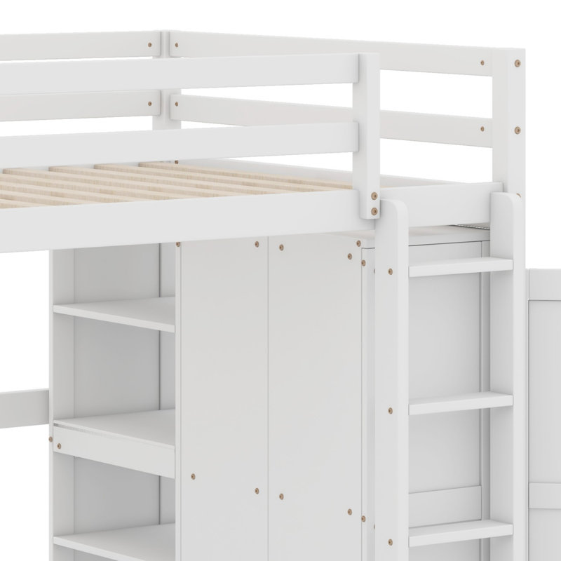 Lit mezzanine en bois avec garde-robe intégré et tablettes de rangement, lumière DEL, Blanc