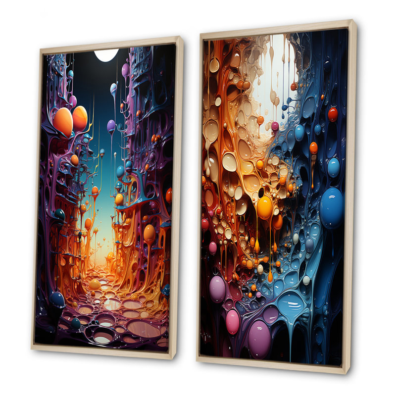 Ensemble de 2 peintures murales sur toile abstraite multicolore surréaliste, Encadrement brun, H 32 po x l 33 po