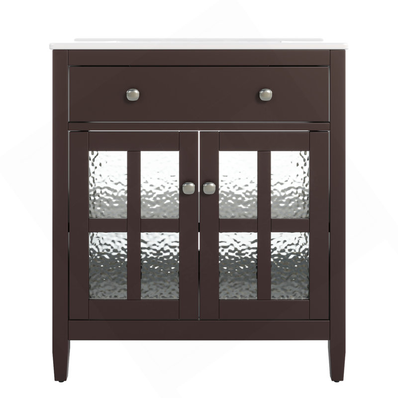 Meuble-lavabo de 30 po avec lavabo en céramique, tablette réglable et plateau basculant, meuble-lavabo avec pieds en bois, poignées en métal argenté et charnières à fermeture douce, brun foncé