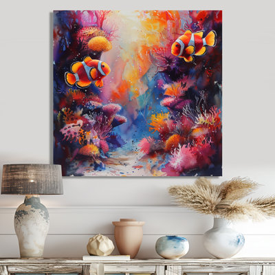 Orange, rose, poisson clown, corail, marine majestueuse - art mural de mur de corail, salon