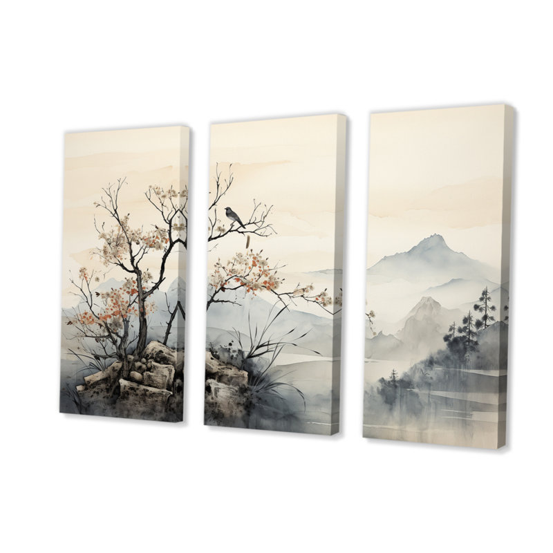"Asian Art Sumi Bird Serenity" sur toile, ensemble de 3 pièces, H 28 po x l 36 po