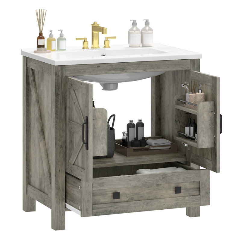  30'' Single Bathroom Vanity With Ceramic Basin, Ash Gray