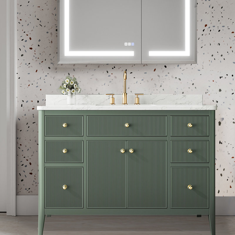 Ensemble de meuble-lavabo autoportant moderne en bois massif 48 po avec plateau en marbre, Vert rétro
