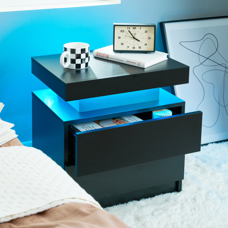 LED Bedside Table with 2 Drawers, Bedside Table with LED Lights for Bedroom, Black