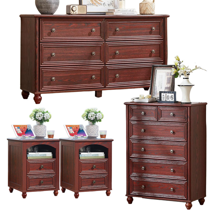 Ensemble de chambre à coucher de ferme 4 pièces avec commode et tables de chevet, ensemble d'armoires de rangement en bois avec station de charge et colonne romaine pour chambre à coucher et salon