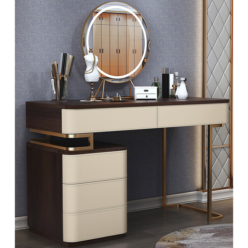 Coiffeuse en bois clair de luxe avec revêtement en cuir silicone et miroir pour chambre à coucher