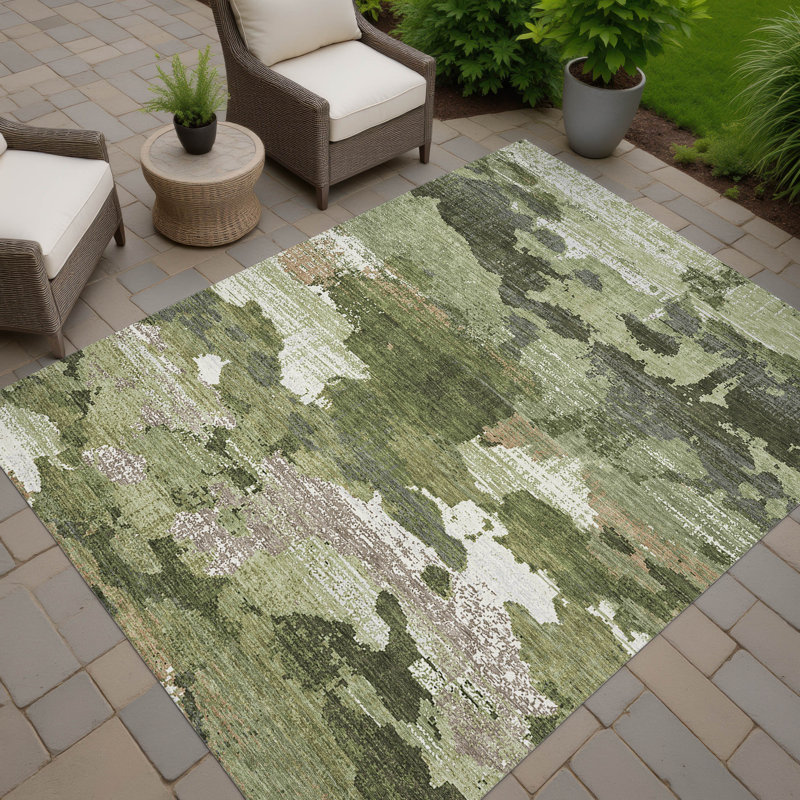 Tapis abstrait lavable à la machine intérieur / extérieur ACN2434, Olive, 3' x 5'