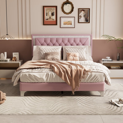 Grand lit tapissier avec lumières DEL, lit plateforme moderne en velours avec tête de lit capitonnée