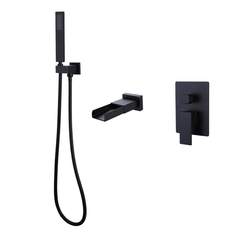 Waterfall Single-Handle Double-Spout Wall-Mounted Bathtub Shower Faucet In Matte Black