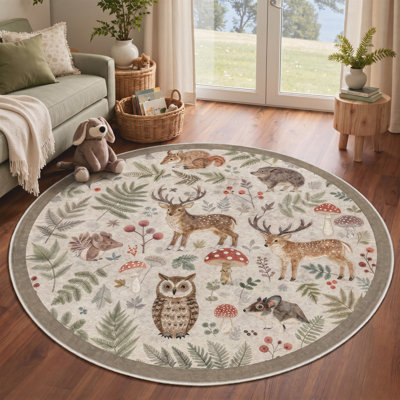 Aarna Woodland Animals Light Blue Area Rug, Washable Kids Rug with Non-Slip Backing