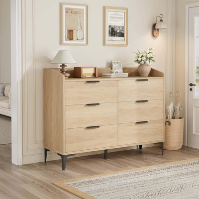 47" 6-Drawer Dresser with Power Outlets & USB Ports, Natural Oak Storage Chest for Bedroom