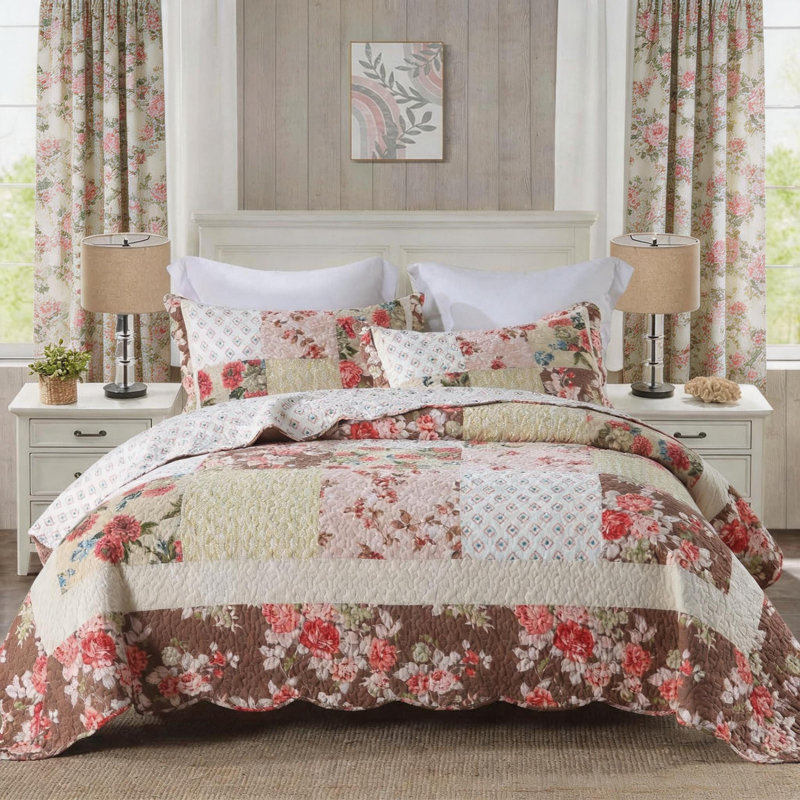 HoneiLife Crimson Blossom Park Cotton Handmade Patchwork 3-Piece Queen Size Quilt Sets, Queen Quilt + 2 Standard Pillowcases