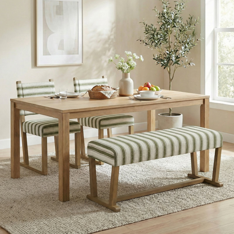 Ensemble de salle à manger rembourré moderne à rayures avec 2 chaises et un banc de 41 po - Bois massif, sièges rembourrés confortables pour la cuisine (ensemble de 3)