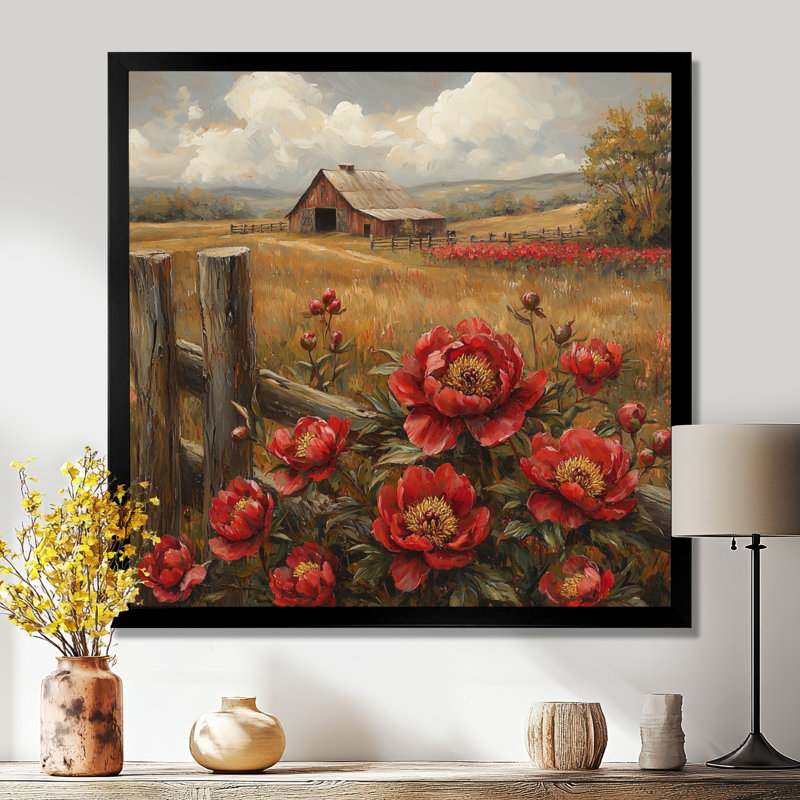Crewe, pivoines rouges rétro par The Barn I - pivoines, art mural, H 30 po x l 30 po, Picture Framed Print