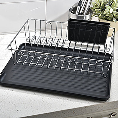 Dish Drying Rack, Dish Rcks For Kitchen Counter, Small Stainless Dteel Dish Drainer Dack With Black Cutlery Holder And Drainboard