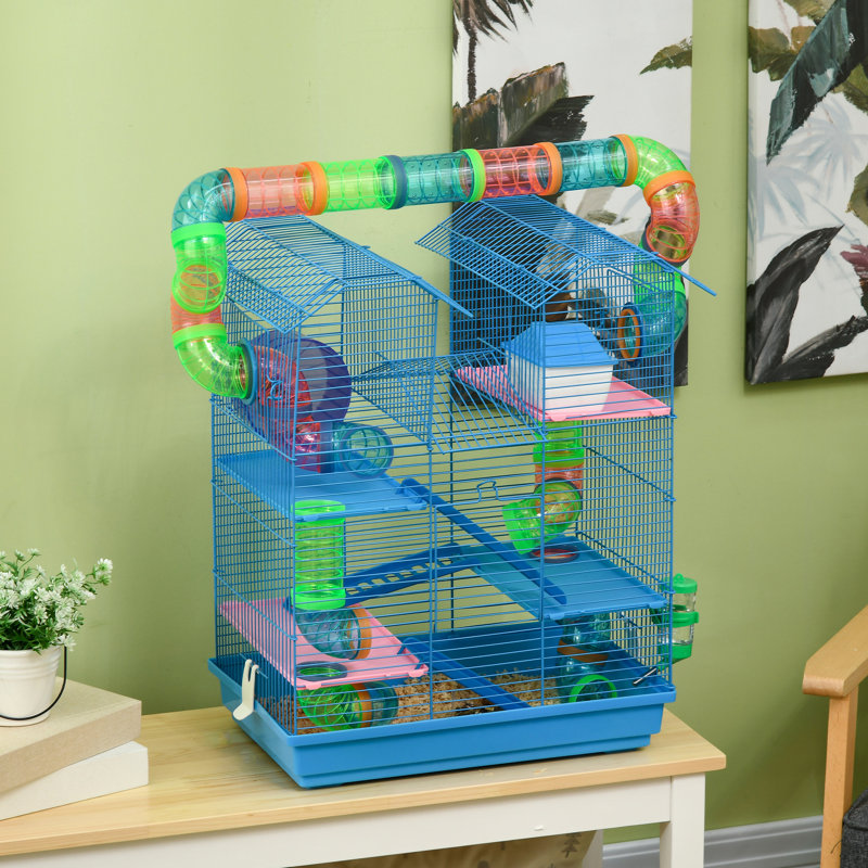 Cage à hamster de 18,5 po à 5 niveaux - bleu, combinant tubes, tunnels, plat de nourriture, bouteille d'eau, roue d'exercice, optimisation de la circulation d'air et de la légèreté