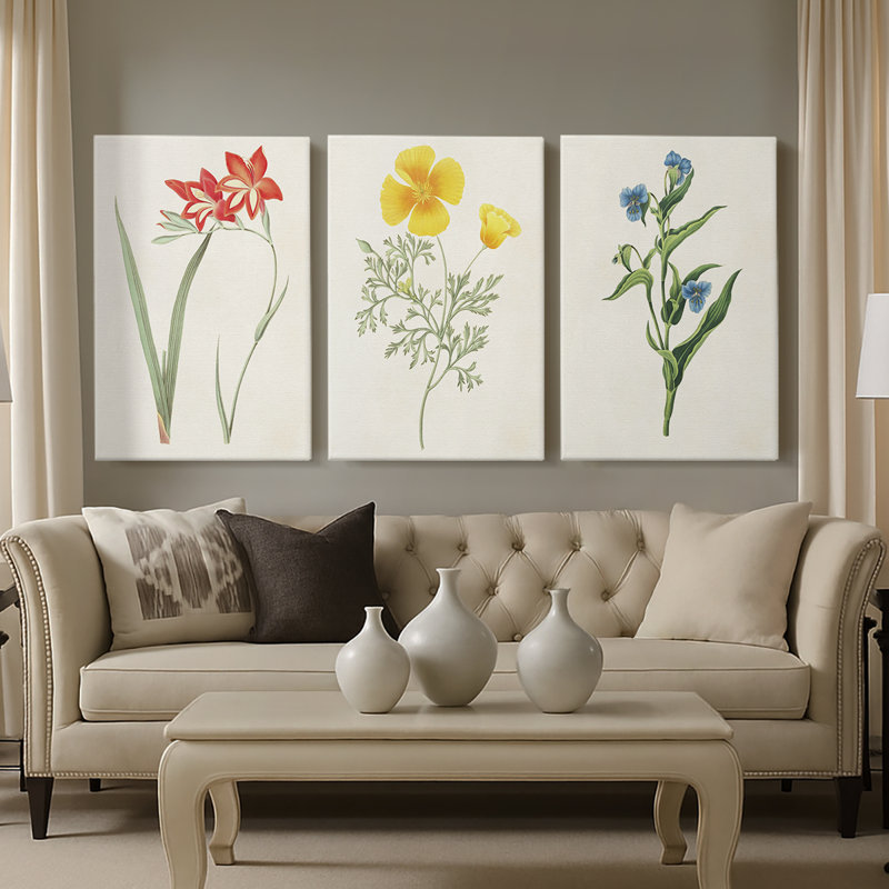 Fleurs des saisons IV - Toile tendue avec châssis sur mesure - 3 pièces, H 60 po x l 120 po