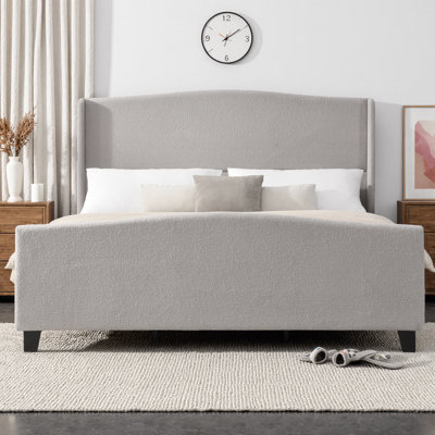 Structure de lit plateforme très grand avec tête et pied de lit rembourrés de 49,21 po de hauteur, tissu en velours de nounours, support à 12 lattes, pieds en bois massif, aucun sommier requis