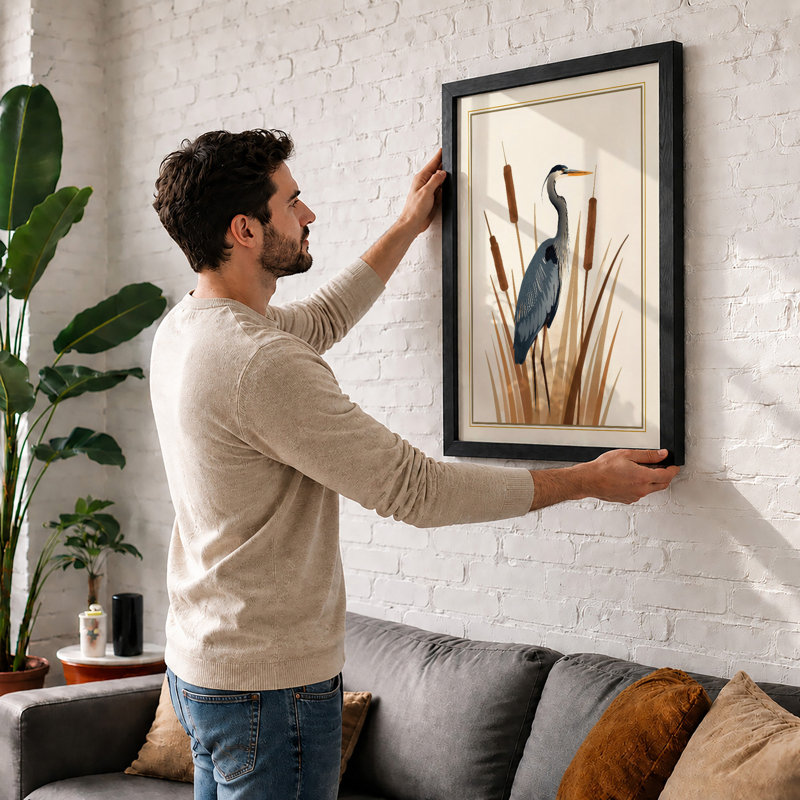 Heron Among Cattails Scandinavian - Framed Print, A1 - 84.1 x 59.4 cm, White