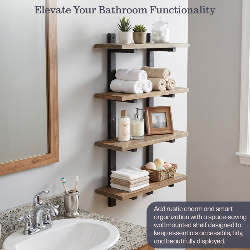 Pomona 4-Tier Wall Mounted Bathroom Storage Shelf - 36” (Natural/Black), 36" H x 20" W x 8" D