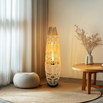 Rustic Boho Hand Woven Rattan Floor Lamp Corner Night Light Free Standing With Adjustable 3 Colours