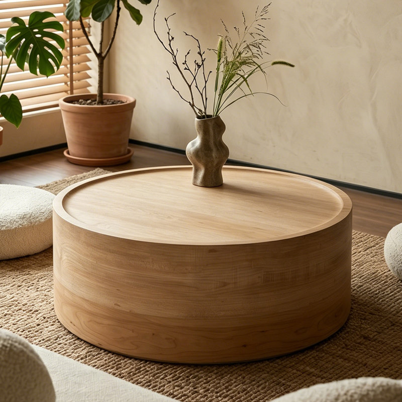 Table basse ronde de 31,5 po avec grain de bois naturel pour le salon, table basse à tambour rond pour le salon, sans assemblage