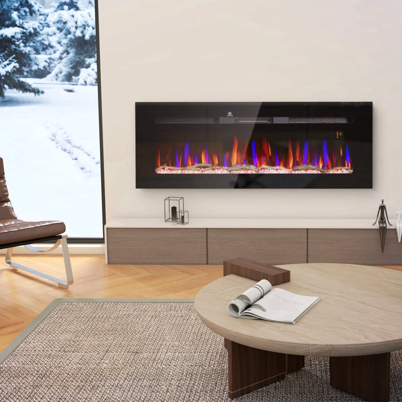 Foyer électrique encastré et mural avec télécommande, chauffage de foyer 1500W avec minuterie 8H, couleur et luminosité de flamme réglables, bûche et cristal