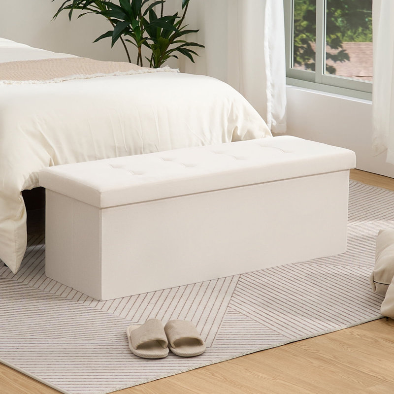 Folding Storage Velvet Bedroom Bench With Storage, Cream, 15" H x 43" W x 15" D