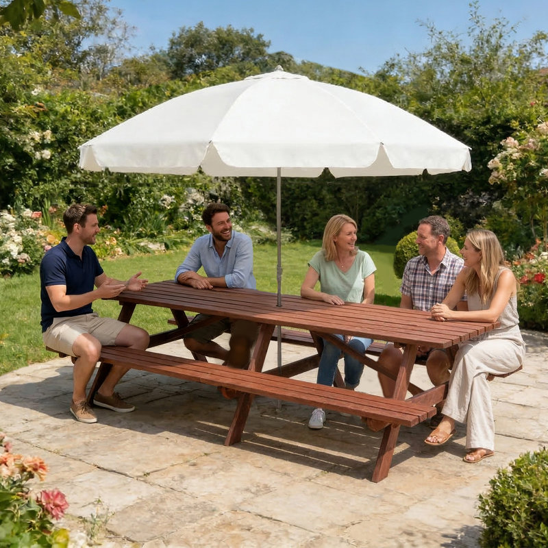Très grand ensemble de table de pique-nique en bois extra long de 95 po avec bancs intégrés et trou pour parasol, pouvant accueillir confortablement 12 personnes, brun