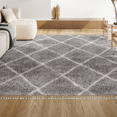 Cantera Shag Plush Tassel Moroccan Geometric Trellis Grey/Cream Rug