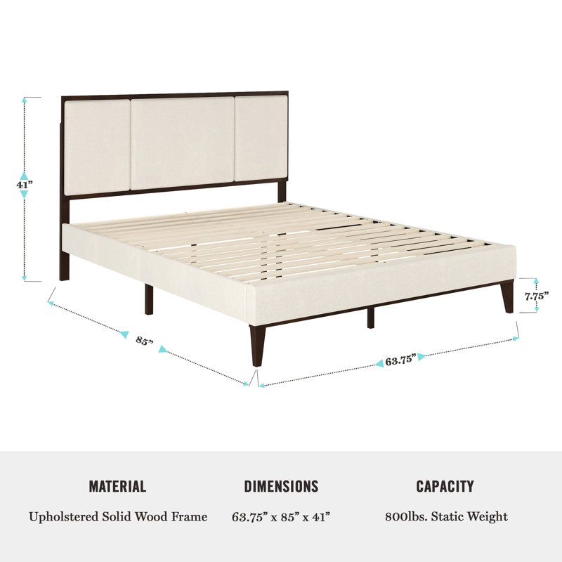 Queen Dark Brown and Beige Upholstered Wood Platform Bed