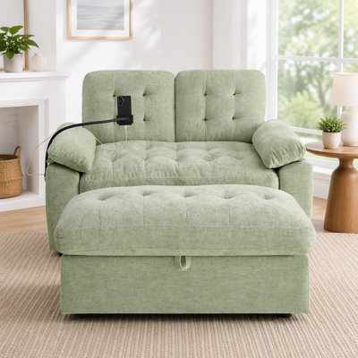 Le fauteuil de loisir, le fauteuil inclinable double, avec dossier réglable manuellement, les accoudoirs rembourrés, le port de chargement USB latéral et le support pour téléphone, sont livrés avec un repose-pieds de rangement assorti