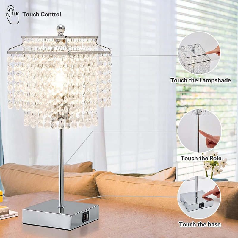 Silver Crystal Touch Control Table Lamp with USB Ports