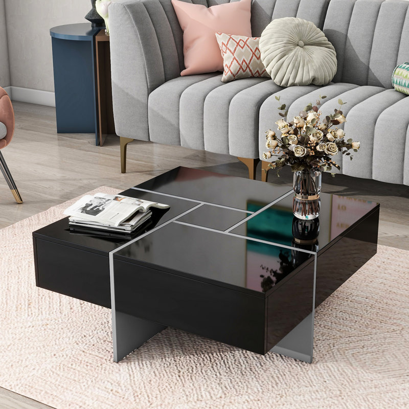Square Coffee Table, 4 Hidden Storages, Extendable Sliding Tabletop, Glossy, 31.5"X31.5", For Living Room Decoration Table With Storage And Surface, Veneer, Construction