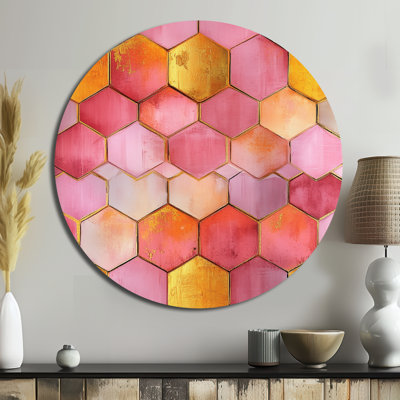 Hexagon Honeycomb In Sunset Tones - Abstract Geometric Round Metal Wall Decor