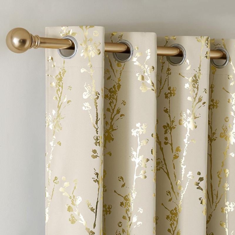 100% Blackout Curtains, Grommet Pattern Gold Foil Printed Window Treatments Room Darkening Drapes for Bedroom, 2 Panels