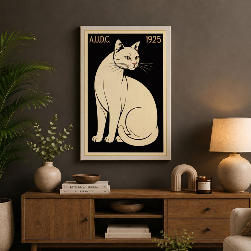 Cat Art Deco 1 Piece Wrapped Canvas Wall Art, 36x24 - 91.4 x 61.0 cm, Sage Border