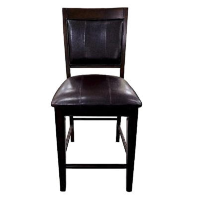 Chaise à hauteur de comptoir avec assise et dossier rembourrés, repose-pieds, structure en bois brun foncé, flair, base en similicuir