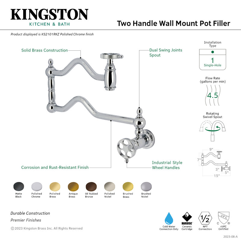 Kingston Brass Wendell Two-Handle 1-Hole Wall Mount Pot Filler Faucet with Knurled Handle, Brushed Brass