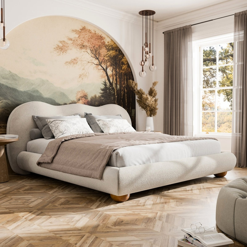 Très grand lit blanc, revêtement Boucle, apparence contemporaine, bois d'hévéa massif et bois d'ingénierie, pieds ronds en bois de chignon pour lit de chambre à coucher, fabrication blanche,