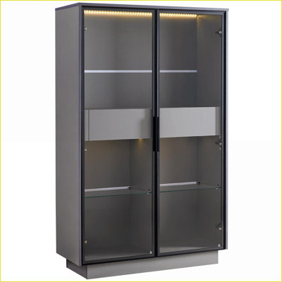 Cabinets, vitrine haute moderne de 60,6 po avec lumières DEL, tablettes réglables et amp; 2 tiroirs - Porte de rangement en verre trempé gris ardoise pour le couloir du salon | Panneau de fibres à densité moyenne | Verre trempé