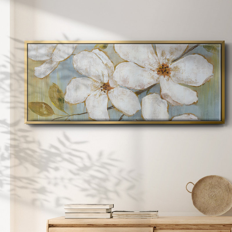 White Blossoms- Framed Canvas, 20" H x 50" W