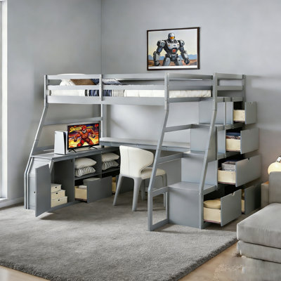 Heiki Loft Bed with Desk, Storage Stairs, Shelves, Cabinet, and Drawers