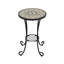 Table d'appoint brune et noire avec tablette. Carreau de céramique et fer. 14 po de diamètre x 21,13 po de hauteur. Grattoir. Assemblage requis. Tablette en brun et noir. Motif attrayant. Cadre en acier noir. Largeur