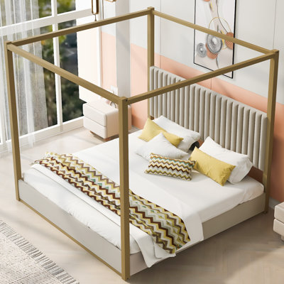 King Size Upholstered Canopy Platform Bed with Headboard & Metal Frame, Modern White