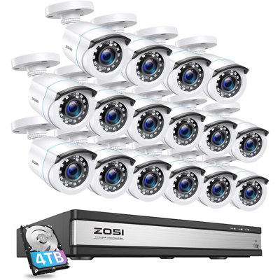 Système de caméra de vidéosurveillance 16CH avec écran HDR de 4 To, 4 Caméra de surveillance câblée extérieure, vision nocturne de 80 pieds