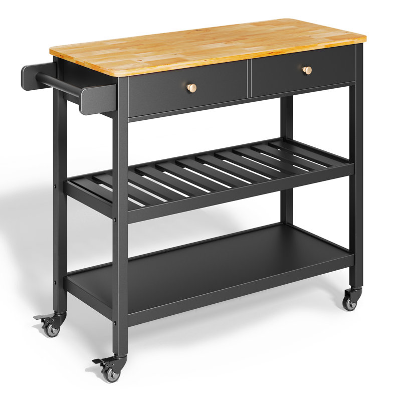 40" Wood Kitchen Island Cart with Two Drawers, Open Storage, Towel Rack, Side Hooks and Locking Wheels, Black