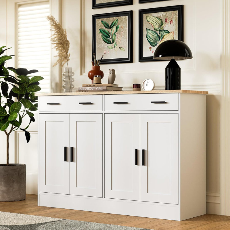 Buffet Cabinet, Coffee Bar Cabinet With 2 Drawers & 4 Doors, Kitchen Buffet Sideboard For Living Room, Kitchen, White