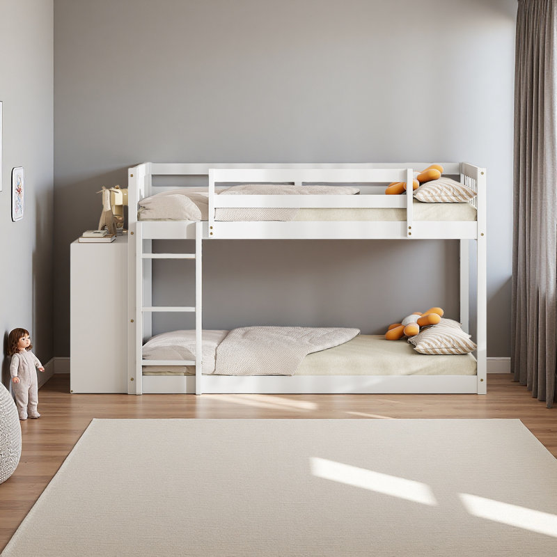Lit superposé simple au-dessus de simple avec 4 tiroirs et 3 tablettes, Blanc